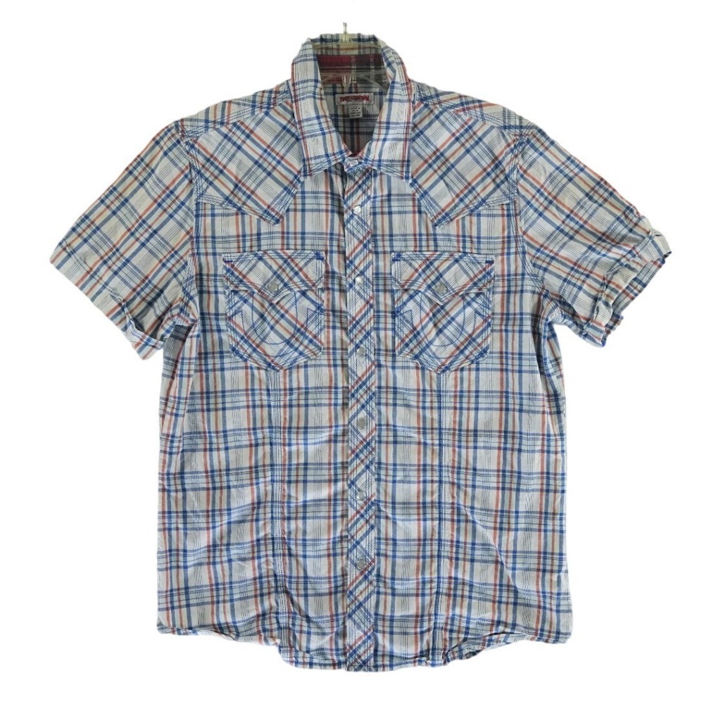 True Religion Shirt Men's Size Large Blue Plaid Pearl Snap Western Short Sleeves
